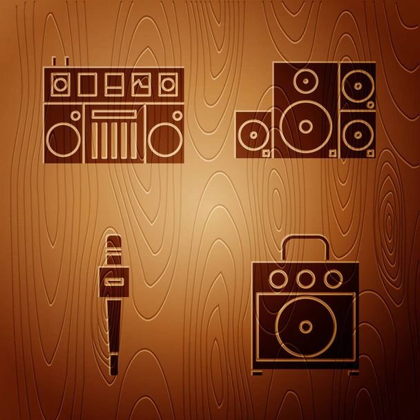 Встановити гітарний підсилювач, віддалений для відтворення та змішування музики, мікрофона та динаміка стерео на дерев'яному фоні. Векторні
 - Вектор, зображення