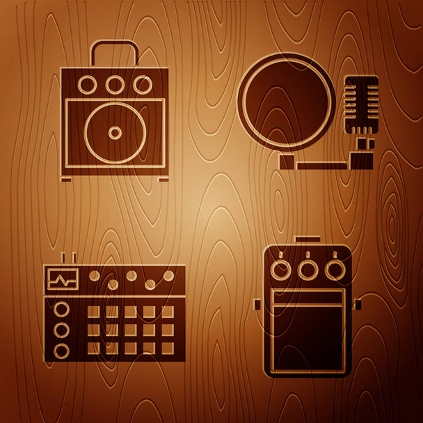 木製の背景にギターペダル、ギターアンプ、ドラムマシン、マイクをセットします。ベクトル - ベクター画像