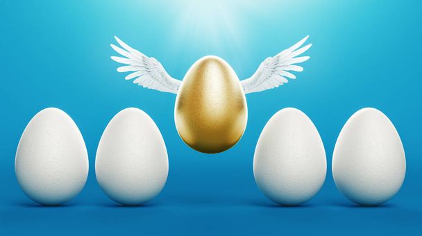 Concept of individuality or exclusivity. Golden egg takes off, waving its wings, among white eggs on blue background. 3d rendering - Photo, Image