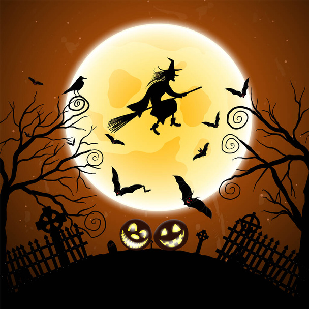 Happy Halloween Greeting Card. Elegant Design With Bats, Owl, Grave, Cemetery, Fence, Moon, Tree and Witch Over Grunge Dark Blue Starry Sky Background. Vector illustration. - Wektor, obraz