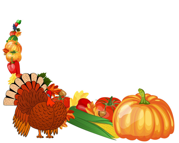 Thanksgiving day greeting card. Design consist from pumpkin, pepper, tomato, apple, grape, corn, oak leaves, acorns and turkey  on white background.  Very cute and warm colors. Vector illustration. - Vector, Image