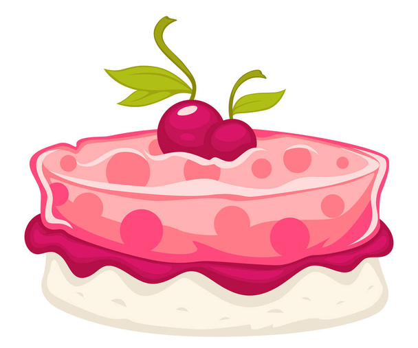Dessert made of jelly, cherry syrup, cream and decoration. Mousse cake with vanilla flavour, homemade sweets served for dinner. Dish in restaurant, icon for menu for bakery. Vector in flat style - Vecteur, image