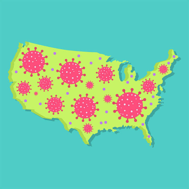 Ιογενής επιδημία στις Ηνωμένες Πολιτείες. Χάρτης των Ηνωμένων Πολιτειών με ιό. Η επιδημία του Coronavirus στην αμερικανική χώρα. Έννοια. - Διάνυσμα, εικόνα