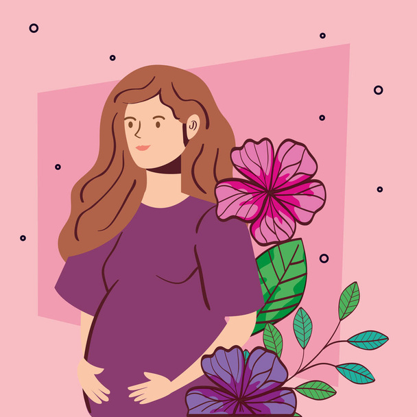 cute woman pregnant with flowers decoration - Wektor, obraz