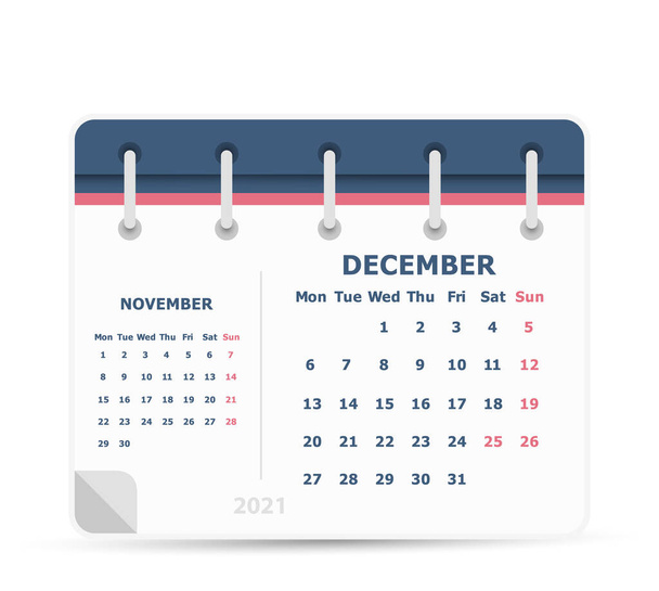 Grudzień i listopad 2021 - Ikona kalendarza - podwójny kalendarz - warstwy tygodniowe poniedziałek. Szablon projektu kalendarza. - Wektor, obraz