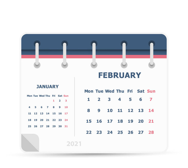 Février et janvier 2021 - Icône du calendrier - Double calendrier - La semaine commence lundi. Modèle de conception de calendrier
. - Vecteur, image