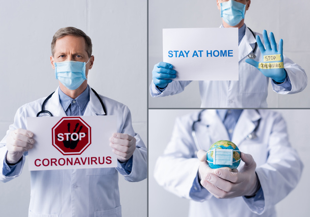 κολάζ του γιατρού με ιατρική μάσκα κρατώντας πλακάτ με σταματήσει coronavirus, μείνετε στο σπίτι γράμματα και υδρόγειο σε γκρι - Φωτογραφία, εικόνα