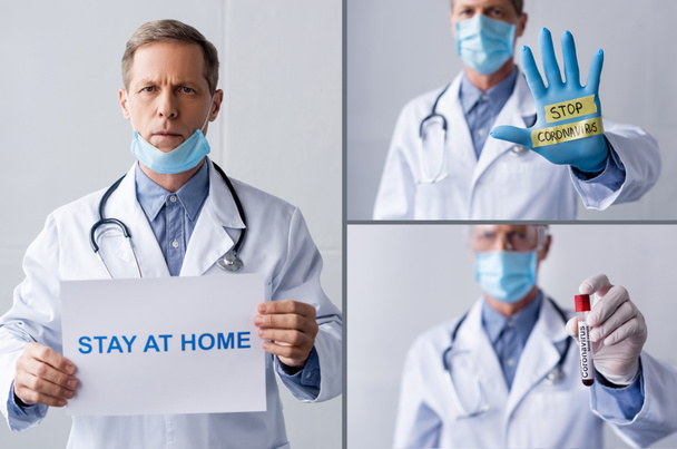 коллаж зрелого врача в медицинской маске, держащего плакат с надписью дома и пробиркой на сером
 - Фото, изображение