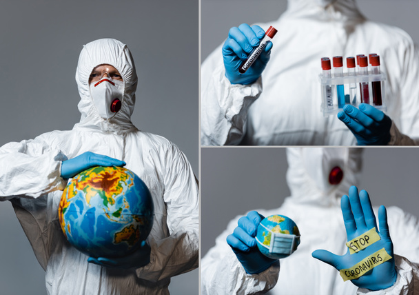 個人用保護具の男のコラージュ地球を保持し、チューブをテストし、灰色で隔離されたストップコロナウイルスのレタリングで手を示す  - 写真・画像
