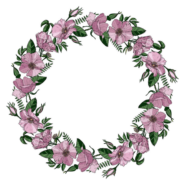 Elegante wenskaart met wilde rozen. Briefkaart met roze bloemen. Wedding vector ontwerp. - Vector, afbeelding