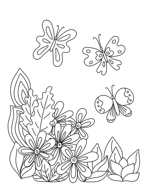 Childrens coloring book with flowers and butterflies of simple shape.  - Διάνυσμα, εικόνα
