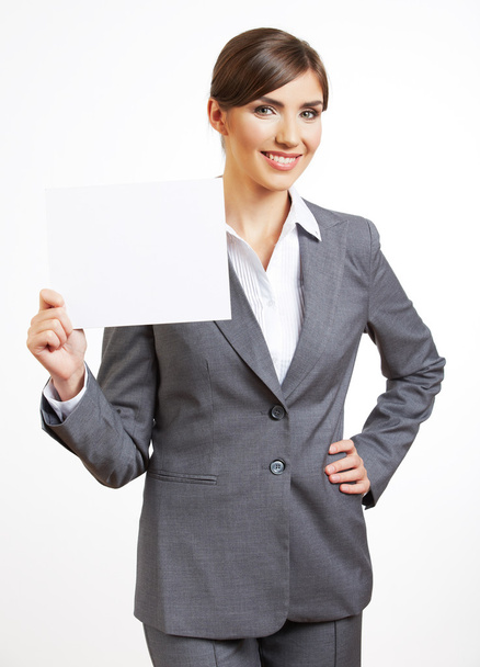 Business woman portrait hold blank card - Zdjęcie, obraz
