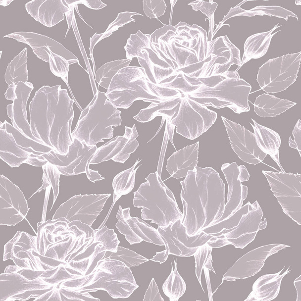 Seamless graphic pattern of beautiful roses. Pensil drawing. Vintage floral background. - Zdjęcie, obraz