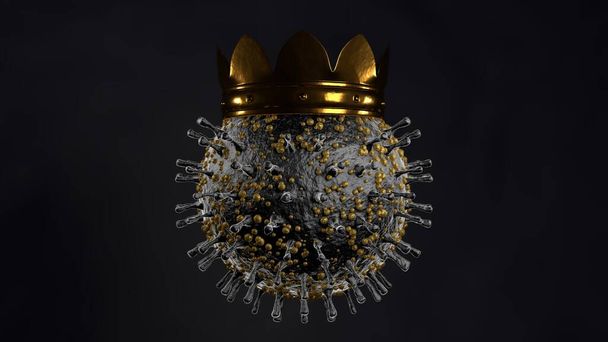 3D απόδοση του cavid-19 coronavirus, με ένα χρυσό στέμμα σε σκούρο φόντο. Εικονογράφηση για ιατρικά πανό, διαφημίσεις και ενημερωτικές συνθέσεις. Η ιδέα μιας παγκόσμιας απειλής - Φωτογραφία, εικόνα