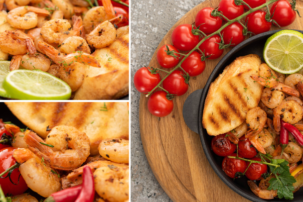 collage of fried shrimps with grilled toasts, vegetables, cherry tomatoes and lime on wooden board on grey concrete background - Фото, изображение