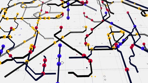 Farbige digitale Karte städtischer Routen. Animation. Schöner moderner Stadtplan mit farbigen Straßen und Punkten auf weißem Hintergrund. Bewegte Linien des Stadtverkehrs mit Beschilderung auf der Karte - Foto, Bild