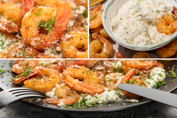 collage of fried shrimps with sauce and dill on plate - Фото, зображення