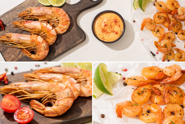 collage of fried shrimps on parchment paper on wooden board with cherry tomatoes, sauce and lime on white background - Foto, imagen