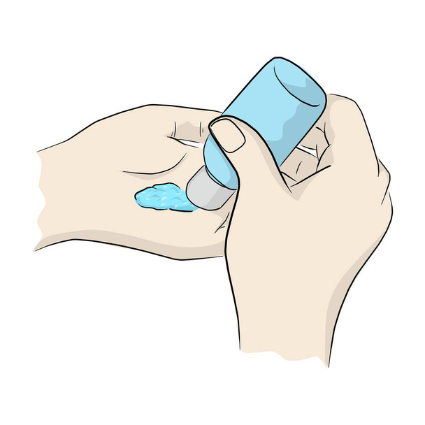 Nahaufnahme Waschen Hand mit Desinfektionsmittel Alkohol Vektor Illustration Skizze Doodle Hand gezeichnet isoliert auf weißem Hintergrund - Vektor, Bild
