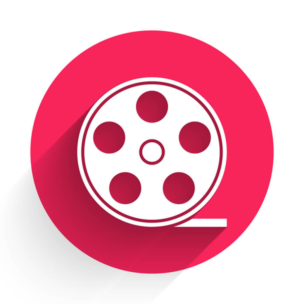 長い影で隔離されたホワイトフィルムリールアイコン。赤い丸ボタン。ベクターイラスト - ベクター画像