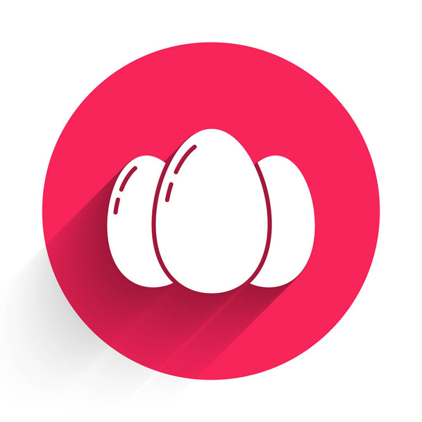 Witte paaseieren icoon geïsoleerd met lange schaduw. Vrolijk Pasen. Rode cirkel knop. Vector Illustratie - Vector, afbeelding