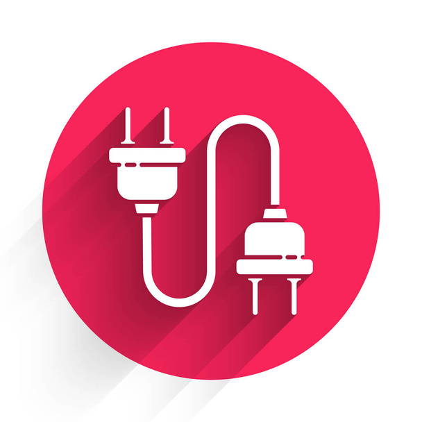White Electric plug icon isolated with long shadow. Concept of connection and disconnection of the electricity. Red circle button. Vector Illustration - Vector, Image