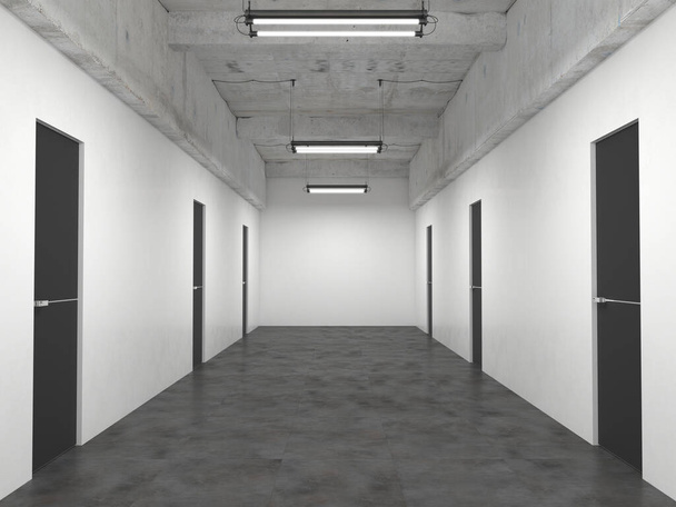 Офисное лобби со множеством одинаковых закрытых черных дверей и пустой белой стеной. Интерьер коридора в стиле лофта. 3D рендеринг с копировальным пространством. Mock up
 - Фото, изображение
