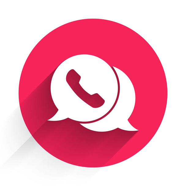 Teléfono blanco con el icono del chat de burbujas de voz aislado con sombra larga. Servicio al cliente de soporte, línea directa, centro de llamadas, preguntas frecuentes. Botón círculo rojo. Ilustración vectorial
 - Vector, Imagen