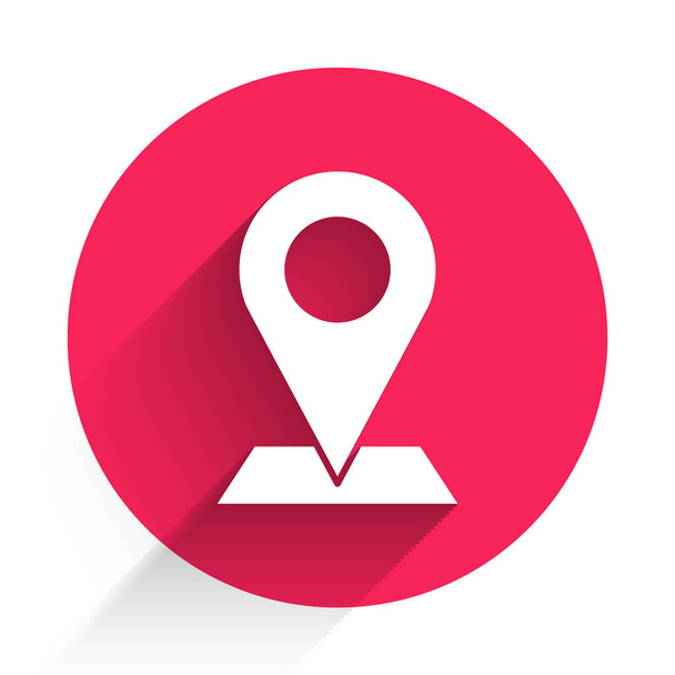 Fehér térkép pin ikon elszigetelt hosszú árnyék. Navigáció, mutató, hely, térkép, GPS, irány, hely, iránytű, keresési koncepció. Vörös kör gomb. Vektorillusztráció - Vektor, kép
