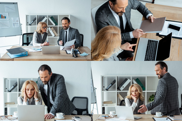Collage di uomini d'affari che lavorano con documenti e laptop in ufficio
  - Foto, immagini