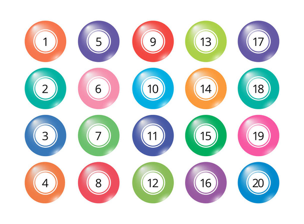 Big collection of realistic isolated bingo and lottery balls with numbers (1-20). Multicolored objects for banners, cards, posters, tickets. Vector illustration - ベクター画像