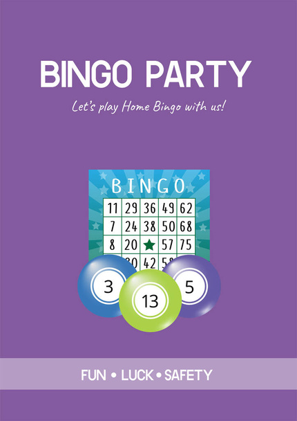 Bingo party plakát s losem a míčky na fialovém pozadí. Použitelné pro letáky, bannery, sociální média, reklamu. Zvětšená vektorová ilustrace A4 - Vektor, obrázek