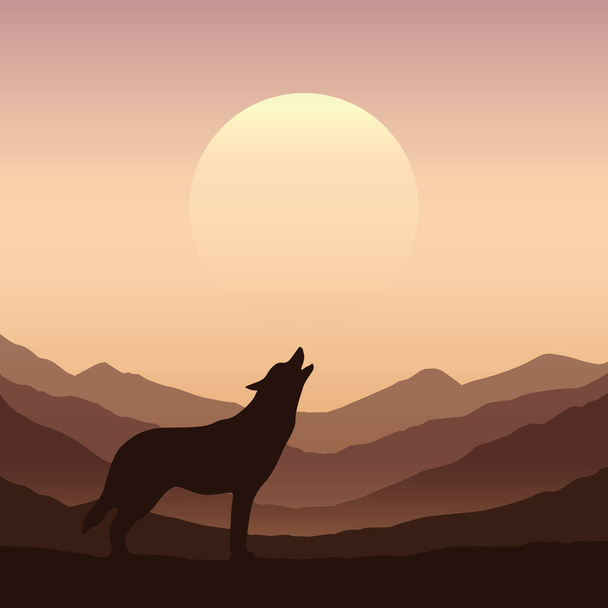 lobo aulla en luna llena marrón montaña naturaleza paisaje
 - Vector, imagen
