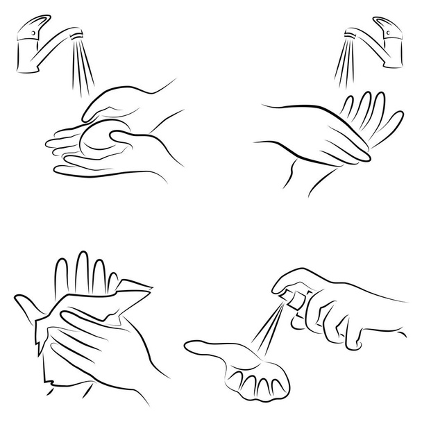 Hygiene procedure collection. Wash hands with soap under the tap, wipe with a napkin, antiseptic treatment. Vector illustration of a set - Vector, Image