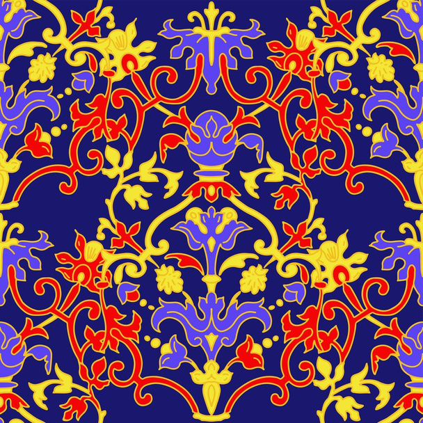 Bezszwowy wzór perskiego ornamentu. Szablon do tapet, tekstyliów, szal, dywanów i każdej powierzchni. Barokowy ornament z lilie. Wzór kwiatowy barokowy, włoski Perski. - Wektor, obraz