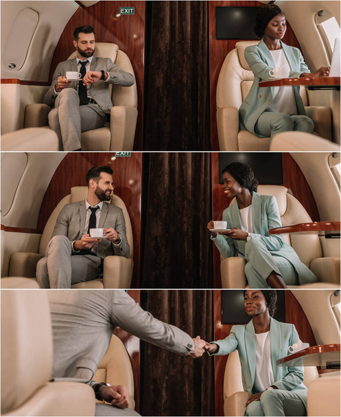 collage of two multicultural businesspeople traveling in plane, drinking coffee and shaking hands - Foto, imagen