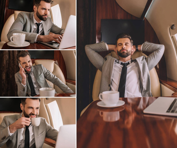 collage di uomo d'affari che lavora su laptop, urla su smartphone, beve caffè e riposa in aereo privato
 - Foto, immagini