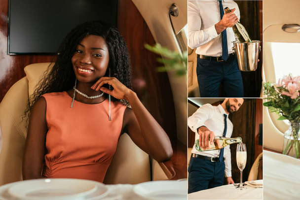 collage van glimlachende, elegante Afro-Amerikaanse vrouw die naar de camera kijkt, en luchtsteward met champagneemmer en bottelaar die drank in glas gieten - Foto, afbeelding