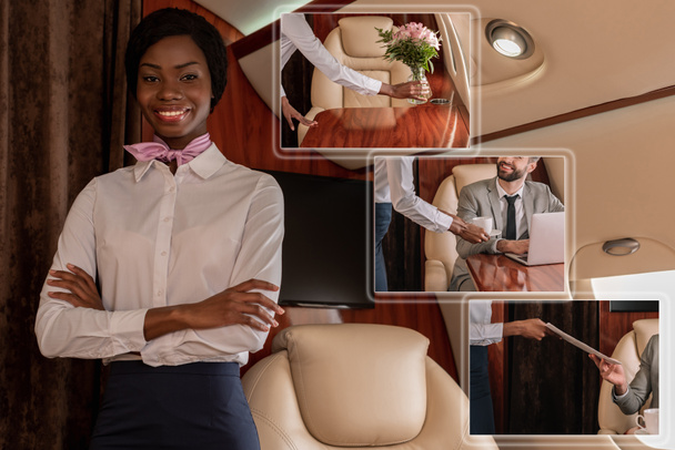 mosolygó afrikai stewardess kollázsa, aki a kamerába mosolyog, virágokat tesz az asztalra, kávét és újságot ad az üzletembernek. - Fotó, kép