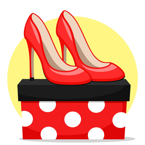 Красные женские туфли на высоком каблуке с коробкой на белом фоне
 - Вектор,изображение