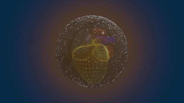 Corazón holográfico 3D girando dentro de esfera futurista iluminando la luz sobre fondo azul
. - Metraje, vídeo