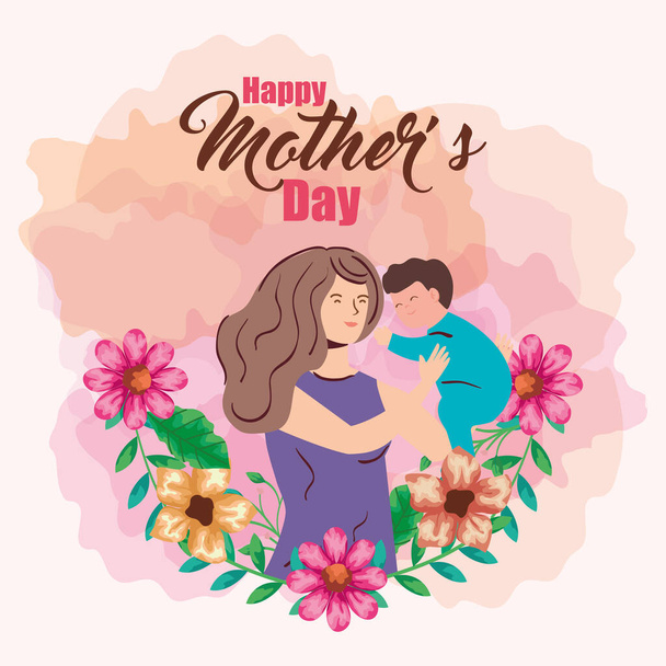 母とともに赤ちゃんと花とともに幸せな母の日ベクトルデザイン - ベクター画像
