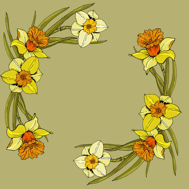 Κομψό φόντο λουλουδιών με daffodil λουλούδι στον κήπο, λεπτή πρασινάδα, πλαίσιο εκτύπωσης, αντίγραφο χώρου. Βοτανικός σχεδιασμός πρόσκλησης γάμου, πρότυπο ευχετήριας κάρτας, πανό, αφίσες, εποχιακές πωλήσεις. - Διάνυσμα, εικόνα
