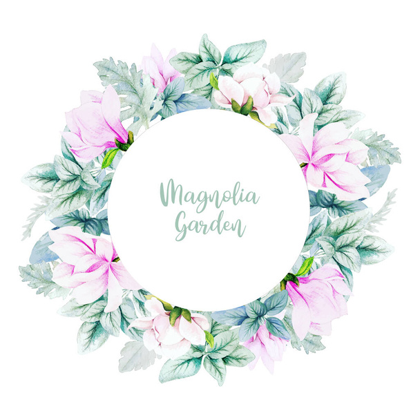 Round banner with watercolor magnolia flowers and leaves - ベクター画像