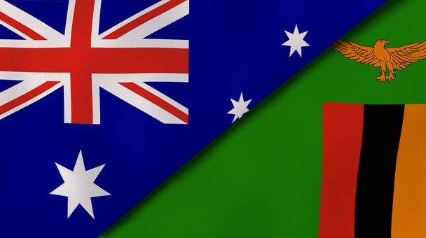 Dwie flagi stanowe Australii i Zambii. Wysokiej jakości doświadczenie biznesowe. Ilustracja 3D - Zdjęcie, obraz
