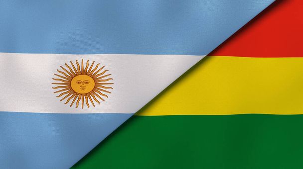 Державні прапори Аргентини та Болівії. Високоякісне ділове минуле. 3d ілюстрація - Фото, зображення