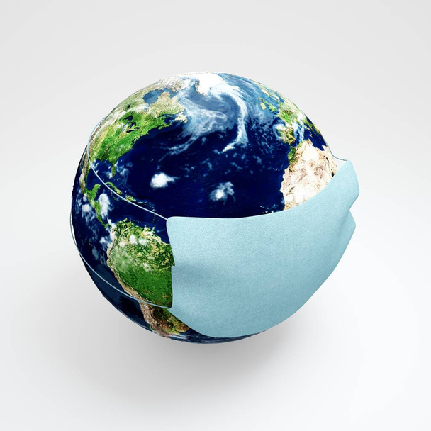 Representación 3D. Planeta Tierra en máscara médica, sobre fondo brillante
. - Foto, imagen