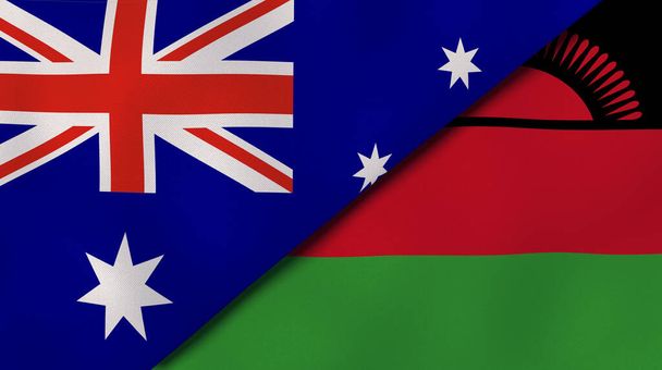 Dwie flagi stanowe Australii i Malawi. Wysokiej jakości doświadczenie biznesowe. Ilustracja 3D - Zdjęcie, obraz