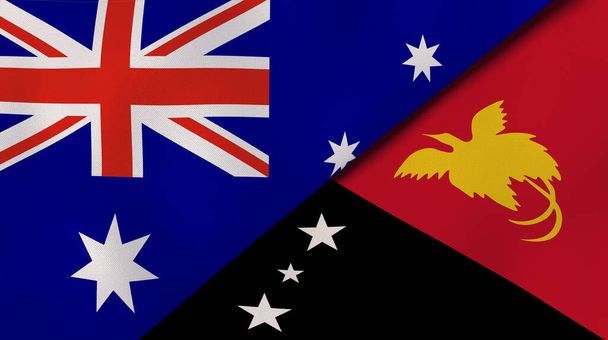 Twee vlaggen van Australië en Papoea-Nieuw-Guinea. Hoge kwaliteit zakelijke achtergrond. 3d illustratie - Foto, afbeelding