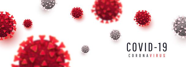 Пандемическая вспышка коронавируса ковид-19 с красными вирусами на белом фоне. Концепция медицинского риска
 - Фото, изображение
